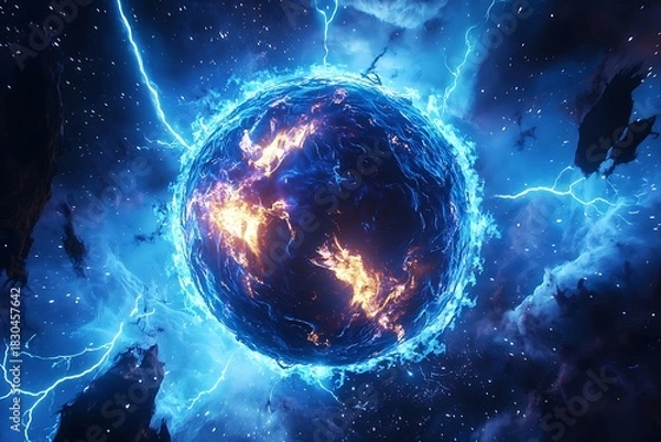 Obraz Exploding molten planet surrounded by electric storms high resolution picture