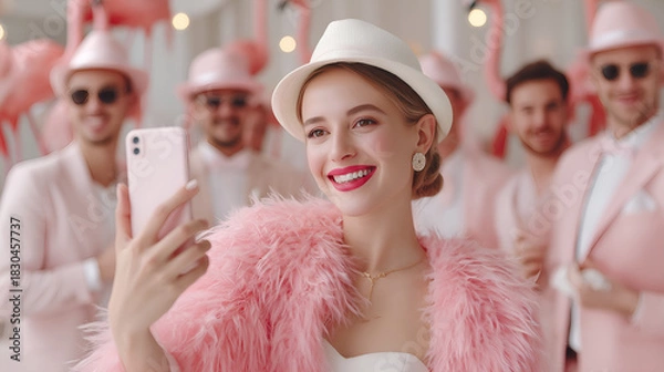 Fototapeta Stylish woman taking selfie with pink-suited partygoers looking festive and fun, celebrating a bachelorette party, creating joyful memories together now