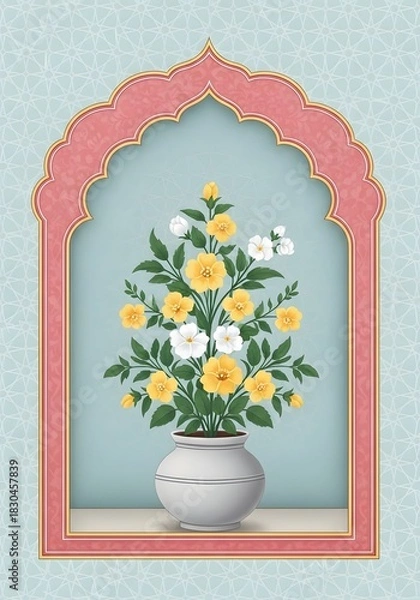 Obraz Elegant floral arrangement of yellow and white flowers in a vase, set within a decorative pink arched frame