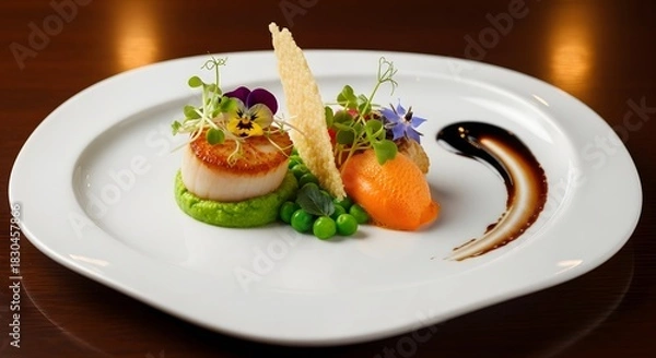 Obraz Gourmet panseared scallops with pea puree, carrot mousse and balsamic glaze on white plate