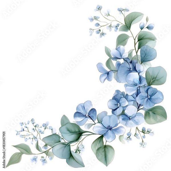 Obraz Delicate blue floral arrangement curves along the corner with muted green foliage