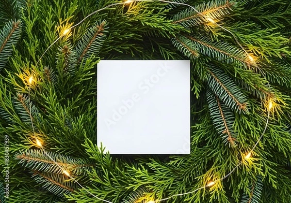 Obraz Blank white card surrounded by festive green fir branches and sparkling christmas lights