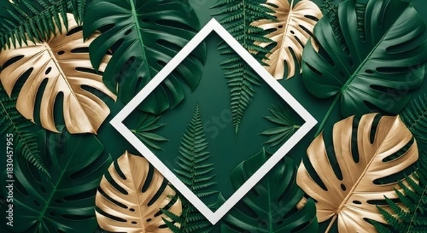 Obraz Tropical green and gold leaves with a white square frame on a dark background