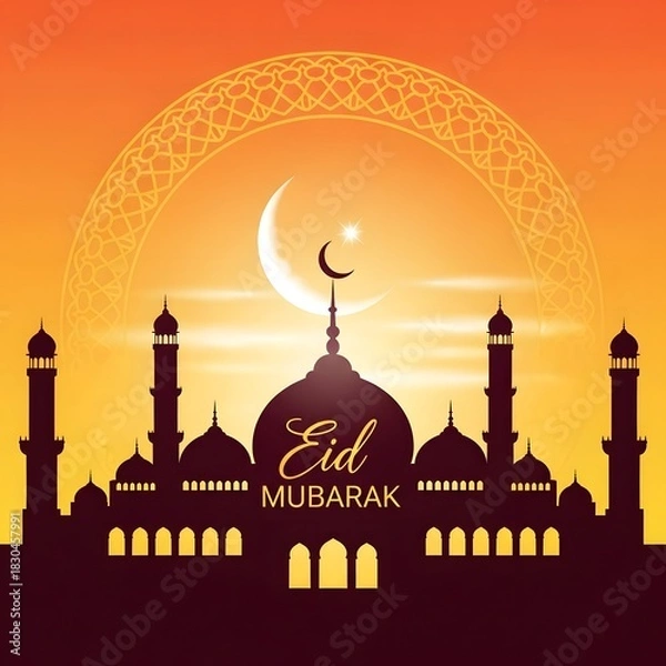 Obraz Eid mubarak greeting card design with a mosque silhouette, crescent moon and star against sunset sky