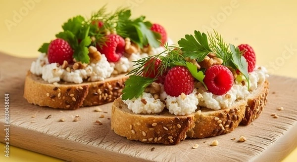 Obraz Delicious sandwiches with cottage cheese, fresh raspberries, walnuts and herbs on wholegrain bread