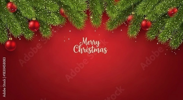 Obraz Merry christmas greeting with green fir branches, red ornaments and snow on a festive red background
