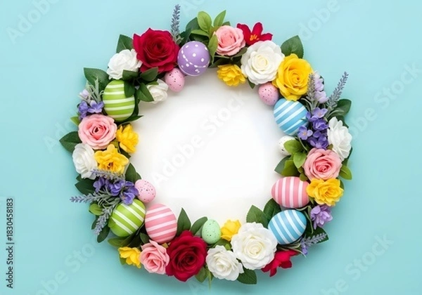 Obraz Vibrant easter wreath with colorful eggs and fresh spring flowers on a light blue background
