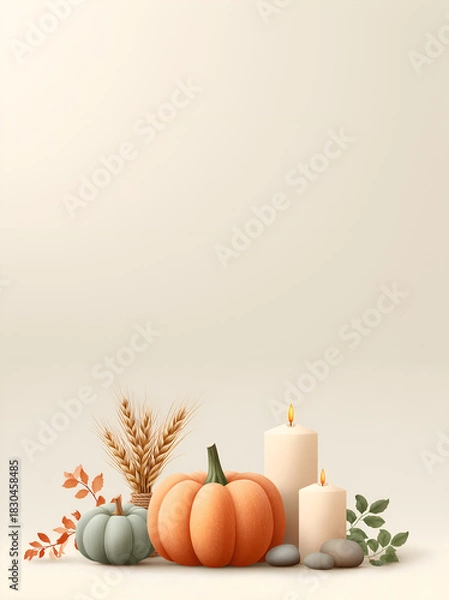 Fototapeta Create a cozy Thanksgiving mood with pumpkins, wheat and candles, perfect for autumn celebrations or seasonal marketing, add warmth to your designs now