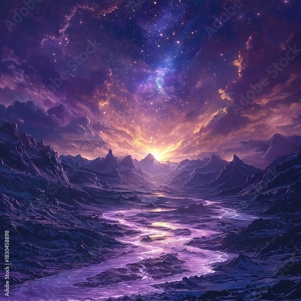 Obraz Galactic river winding across surreal fantasy terrain high resolution picture