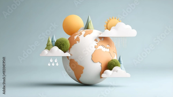 Fototapeta Stylized world globe with sun, clouds, and trees for Earth Day awareness and environmental concepts, promoting sustainability and climate action