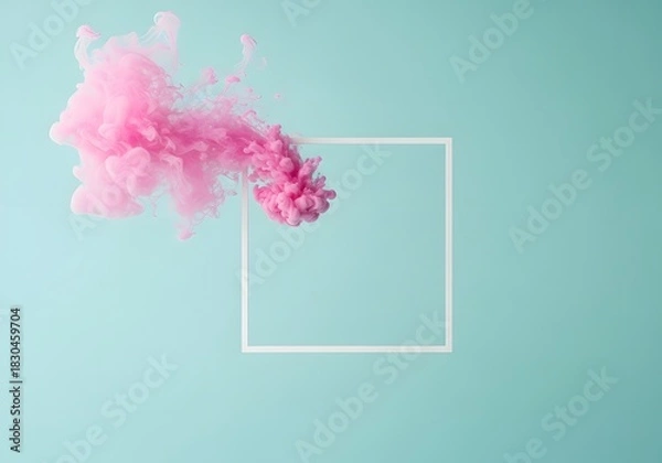 Obraz Pink smoke cloud expanding into a white square frame on a light blue green background