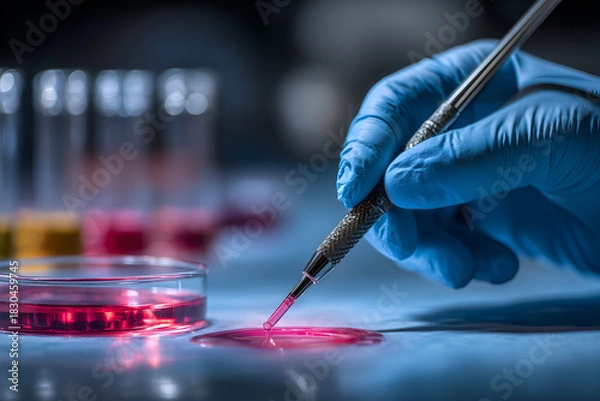 Fototapeta Scientist carefully analyzing petri dish sample with gloved hand in laboratory research setting, advancing modern medical discovery, innovative research