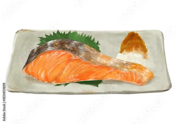 Obraz リアルな焼き鮭の切り身盛り付け(皿・大根おろし・大葉)