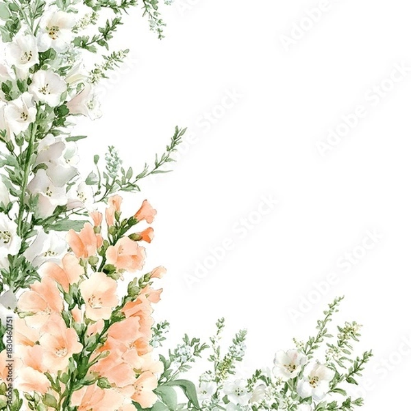 Obraz Delicate watercolor floral arrangement features clusters of white and peach blossoms with green foliage framing the corner space