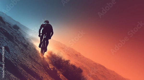 Fototapeta Feel the rush of mountain biking at sunset, with a silhouette of a cyclist conquering the dusty trail, an image of determination and outdoor adventure