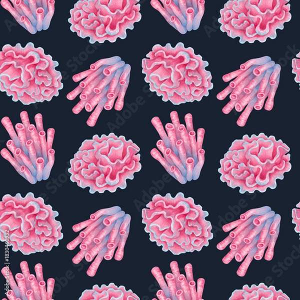 Fototapeta Seamless watercolor marine pattern with elements of a pink coral reef. Stylized underwater animals. Hand drawn isolated illustration. Image for natural designs, fabrics, textiles and packaging
