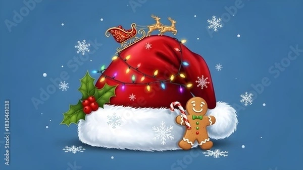 Obraz Hat santa christmas set decorations and design isolated on blue background illustration