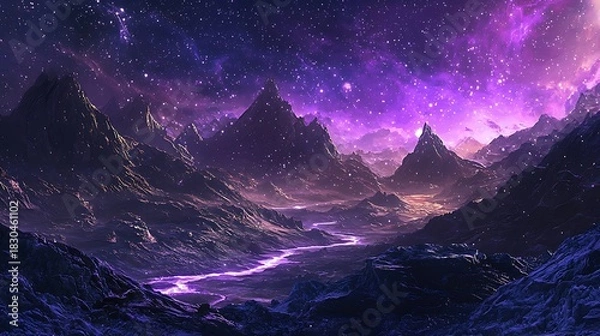 Obraz Otherworldly valley surrounded by towering astral peaks high resolution picture