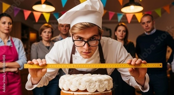 Obraz Culinary Precision: Serious Chef Measuring Cake With Ruler Under Pressure