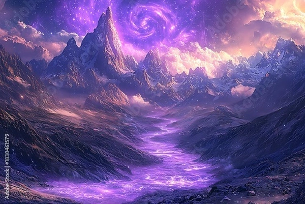 Obraz Radiant cosmic stream winding between dark peaks high resolution picture