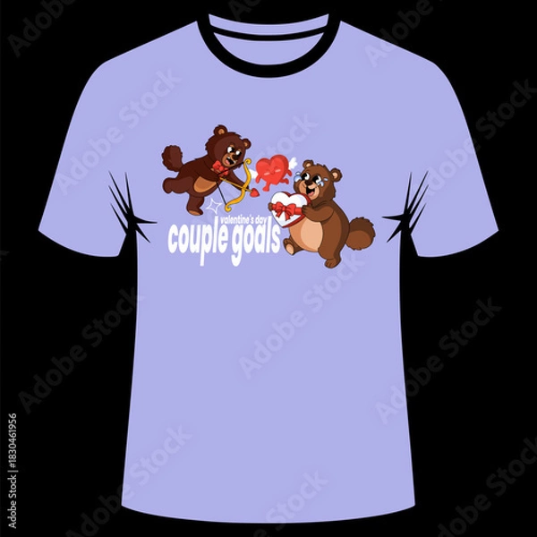 Fototapeta A Valentine's Day themed T-shirt design featuring romantic bears exchanging gifts and affection on a lilac background.