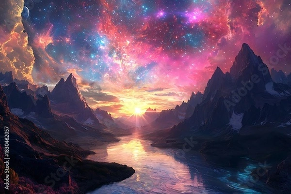 Obraz Radiant sky casting light on mountains high resolution picture