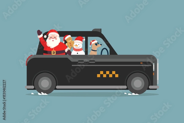 Obraz Christmas Cute Santa Claus and Snowman on British Taxi car