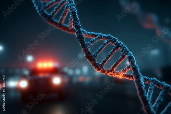 Fototapeta Urgent DNA Research Concept with Police Car in Background for Crime Scene Investigation and Forensics, Exploring Genetics and Biotechnology Advancements