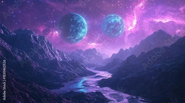 Obraz Twin planets shining above mystical alien valley high resolution picture