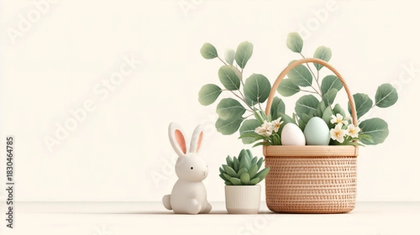 Fototapeta Sweet Easter vibes with bunny, eggs, eucalyptus, and blossoms in rustic basket, perfect for springtime greetings and celebrations with loved ones