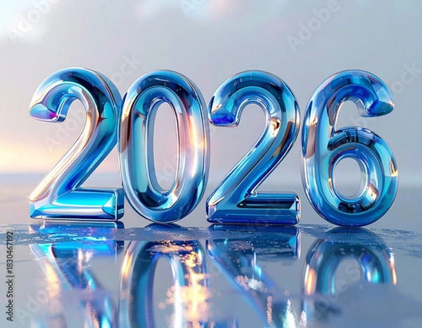 Fototapeta The text 2026 formed from metallic-infused 3D glass, reflecting cool chrome tones