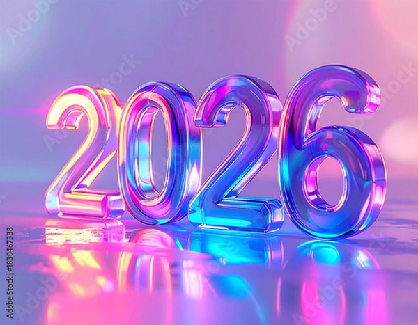 Fototapeta The text 2026 crafted from translucent 3D glass, glowing with vibrant modern colors.