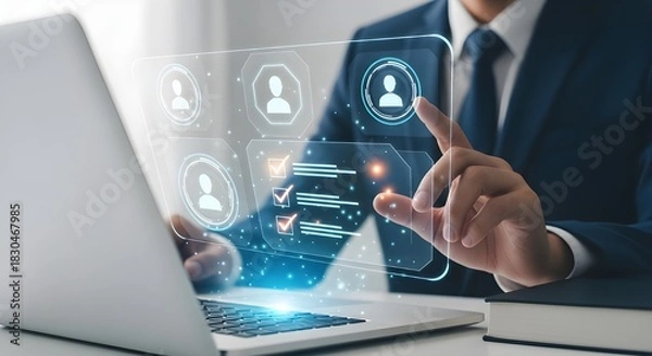 Fototapeta Businessman interacting with digital interface for recruitment and talent acquisition process