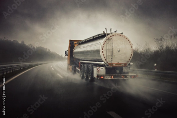 Fototapeta Tanker truck on highway in bad weather