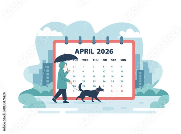 Fototapeta April 2026 calendar page vector illustration. A person walking a dog under an umbrella in the rain. Spring season concept with city background. Concept of business planning and schedule.