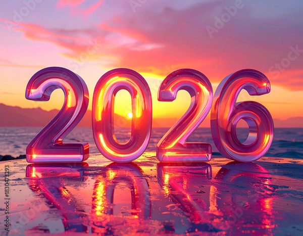 Fototapeta The text 2026 shaped from glowing 3D glass, illuminated by warm sunset gradients