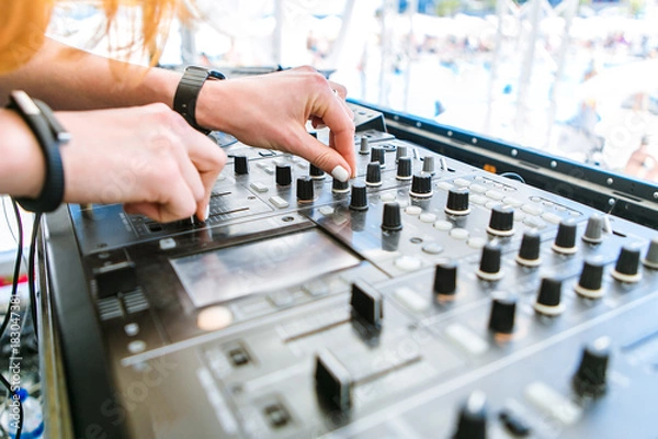 Obraz dj equpment at summer pool party. Day lounge party at luxury summer club. dj at work
