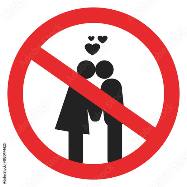 Fototapeta Isolated illustration of stick figures kissing and cuddling to sign prohibiting indecent acts in this area.