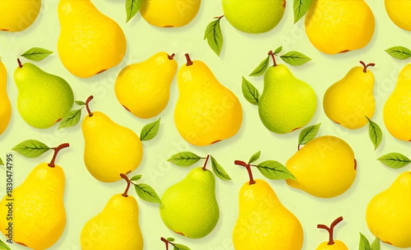 Fototapeta Juicy pattern of bright yellow and green pears with leaves on a soft pastel background, creating a fresh fruity design for packaging, textiles, modern decorative illustration