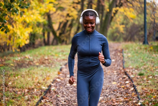 Fototapeta Happy woman jogs along a leaf-covered forest trail, surrounded by warm autumn colors and tall trees as she enjoys an outdoor run.
