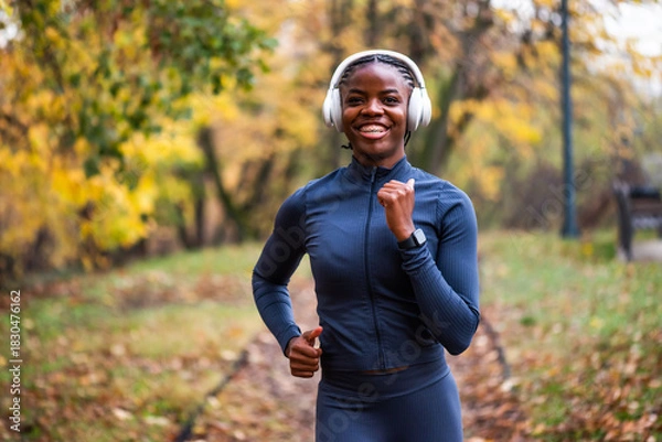 Fototapeta Cheerful woman jogs along a leaf-covered forest trail, surrounded by warm autumn colors and tall trees as she enjoys an outdoor run.