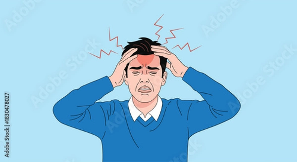 Fototapeta A man experiences a severe headache, clutching his head with a pained expression, illustrating the intense discomfort of migraine or stress-induced pain.