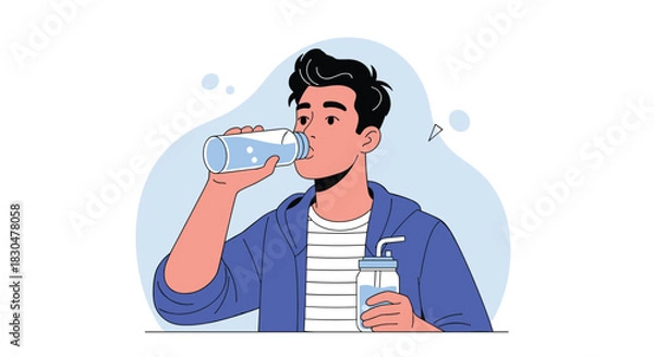 Fototapeta An illustration of a young man staying hydrated by drinking water from a reusable bottle, promoting a healthy and active lifestyle.
