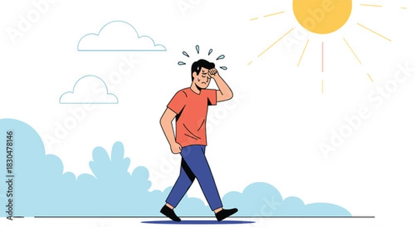 Fototapeta A man walks under a blazing sun, sweating and looking uncomfortable from the intense heat of a summer day.