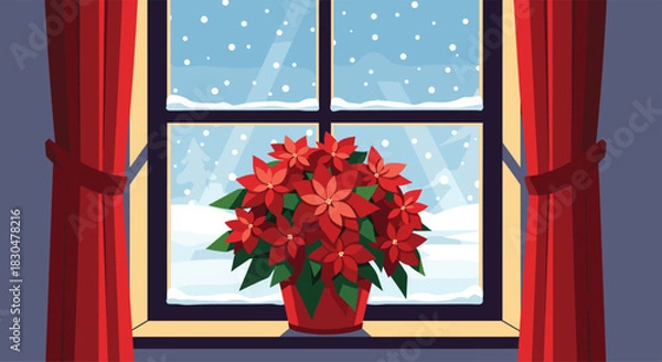 Fototapeta A vibrant red poinsettia plant rests on a window ledge, framed by cozy red curtains, overlooking a peaceful winter scene with falling snow.