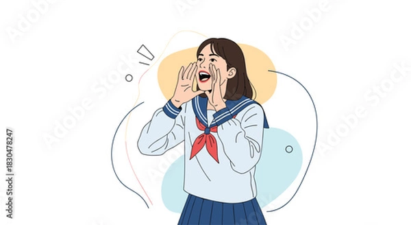 Obraz A young Japanese female student in a blue and white sailor uniform shouts loudly, cupping her hands around her mouth to make a clear announcement.