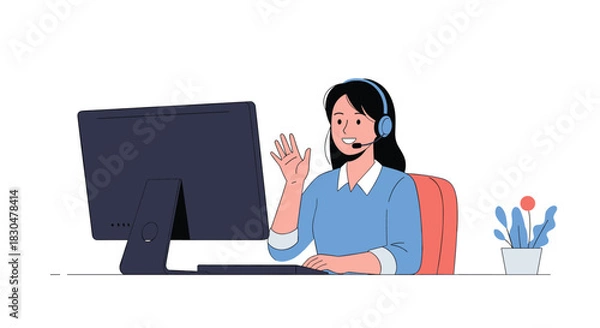 Obraz Happy young woman in a headset waves hello while participating in a video call or providing customer support from her home office desk.