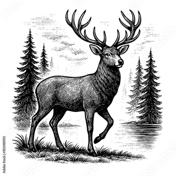 Fototapeta Black and White Illustration of Deer by Water with Pines