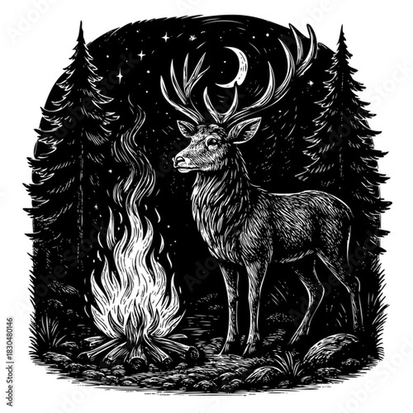 Obraz Stag by Campfire in Forest at Night Engraving Style
