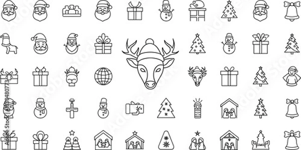 Fototapeta Outline Christmas icon set with Santa Claus, reindeer, snowman, gift boxes, Christmas trees, bells, and nativity scene vector